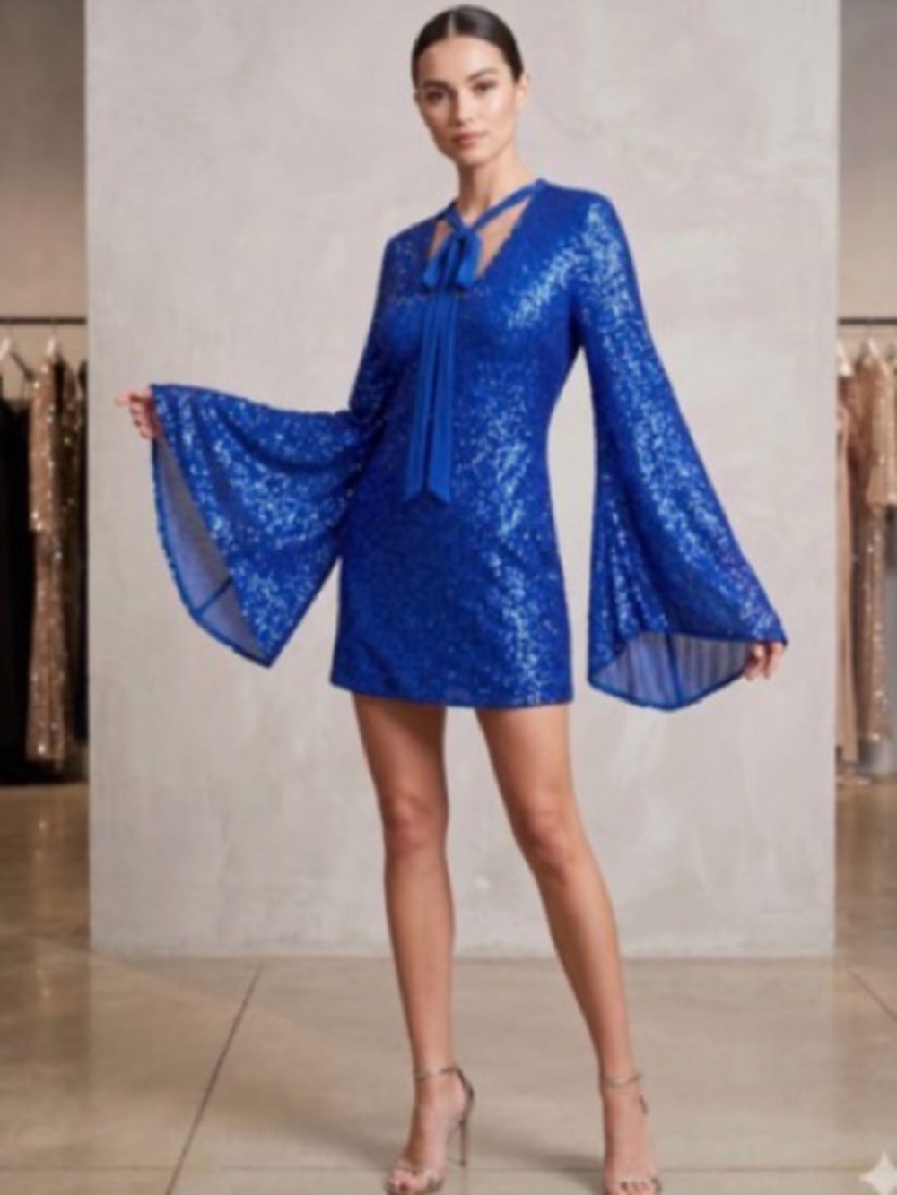 Royal Blue Sequin Tie-Neck Bell-Sleeve Mini Dress